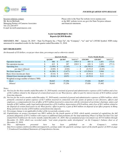 Thumbnail Nam Tai Property Quarterly Report 2018-q4