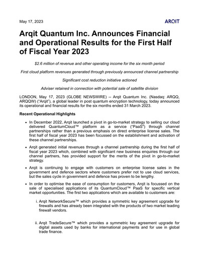 Miniature Arqit Quantum Rapport semestriel 2023-h1