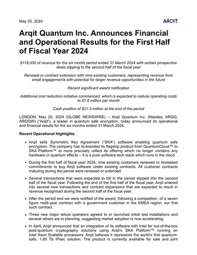 Miniature Arqit Quantum Rapport semestriel 2024-h1