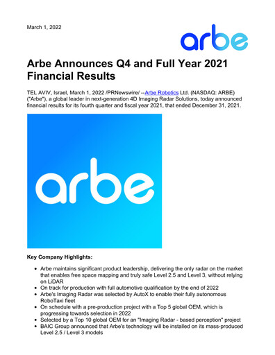 Vorschaubild Arbe Robotics Quartalsbericht 2021-q4