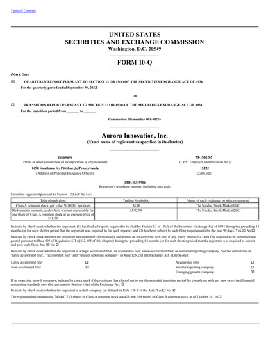 Thumbnail Aurora Innovation Quarterly Report 2022-q3
