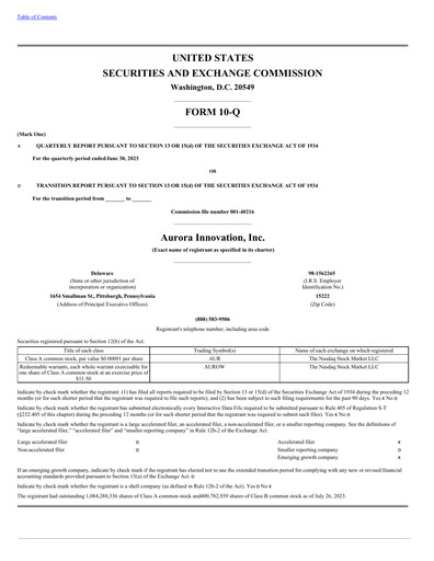Thumbnail Aurora Innovation Quarterly Report 2023-q2