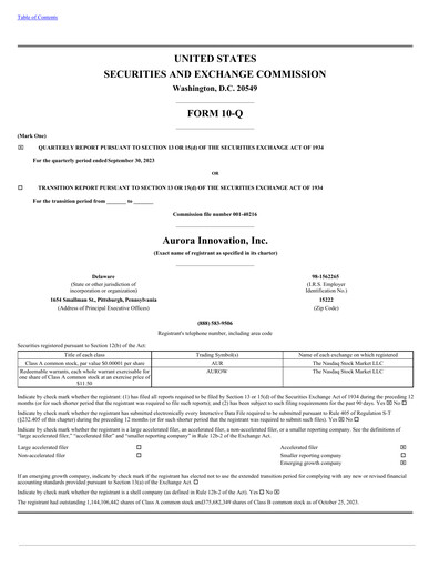 Thumbnail Aurora Innovation Quarterly Report 2023-q3