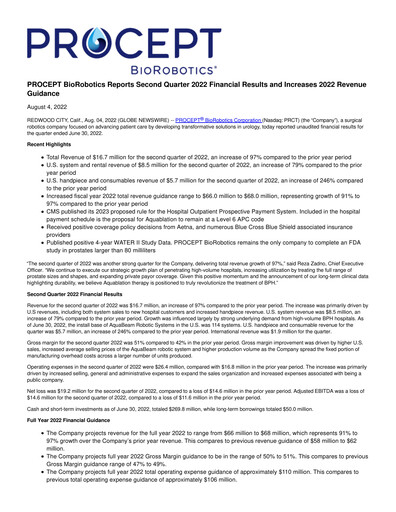 Thumbnail PROCEPT BioRobotics Quarterly Report 2022-q2