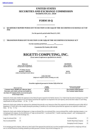 Miniature Rigetti Computing Rapport trimestriel 2023-q1