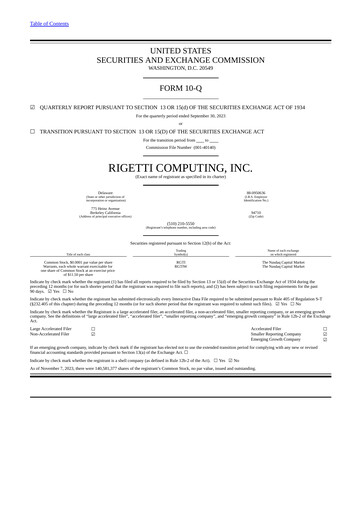 Miniature Rigetti Computing Rapport trimestriel 2023-q3