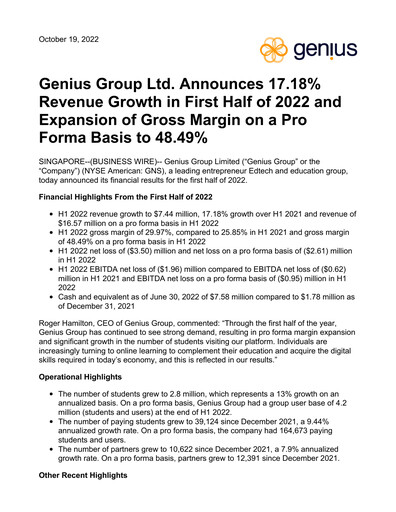 Vorschaubild Genius Group Halbjahresbericht 2022-h1
