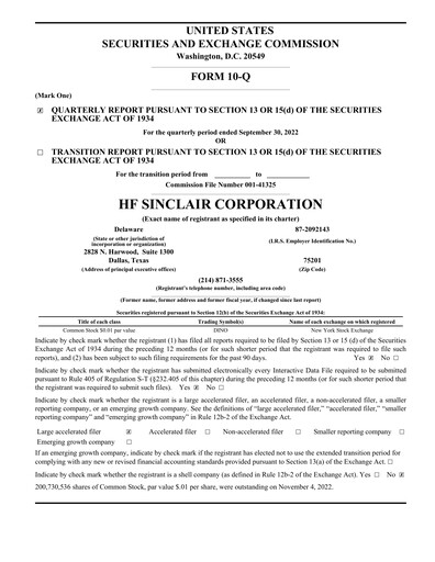 Thumbnail HF Sinclair Quarterly Report 2022-q3