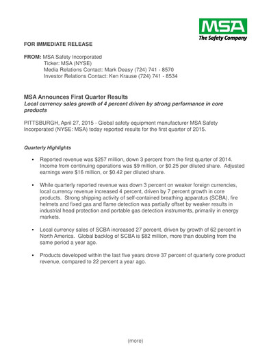 Thumbnail MSA Safety Quarterly Report 2015-q1