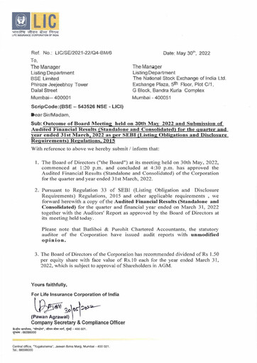 Vorschaubild Life Insurance Corporation of India (LIC) Finanzmitteilung 2021-2022