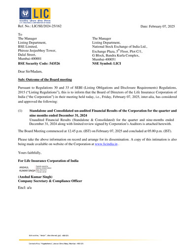 Thumbnail Life Insurance Corporation of India (LIC) Quarterly Report 2024-q3