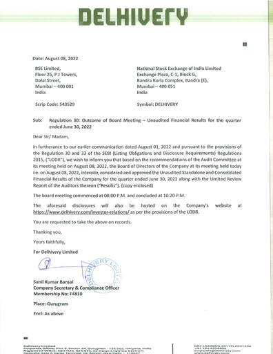 Miniature Delhivery Rapport trimestriel 2022-q1