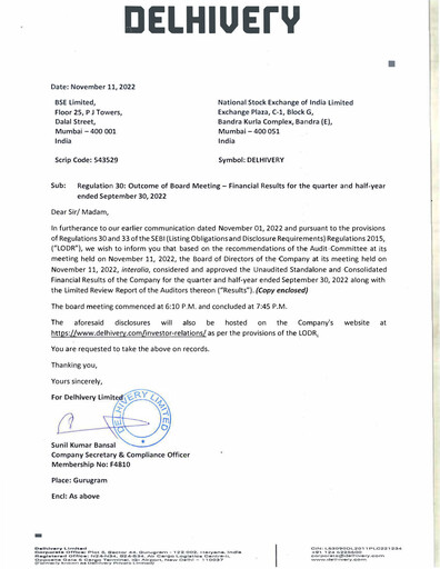 Miniature Delhivery Rapport trimestriel 2022-q2