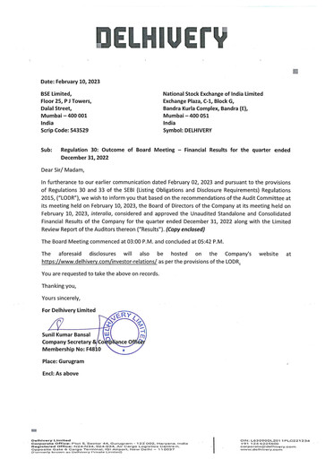 Miniature Delhivery Rapport trimestriel 2022-q3