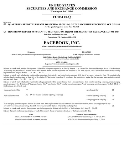 Thumbnail Meta Platforms (Facebook) Quarterly Report 2018-q2