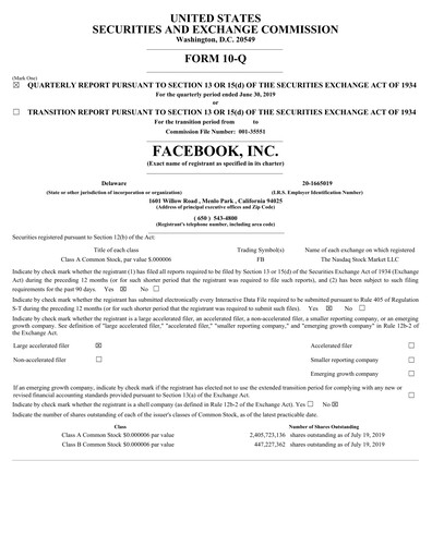 Thumbnail Meta Platforms (Facebook) Quarterly Report 2019-q2