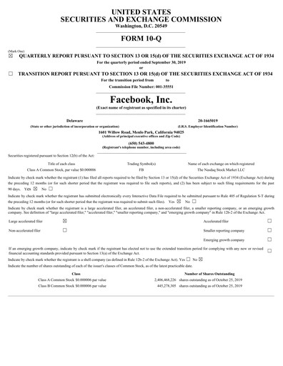 Thumbnail Meta Platforms (Facebook) Quarterly Report 2019-q3