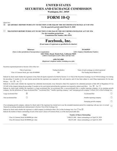 Thumbnail Meta Platforms (Facebook) Quarterly Report 2020-q1
