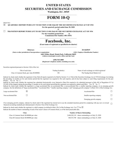 Thumbnail Meta Platforms (Facebook) Quarterly Report 2020-q2