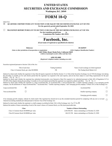 Thumbnail Meta Platforms (Facebook) Quarterly Report 2020-q3