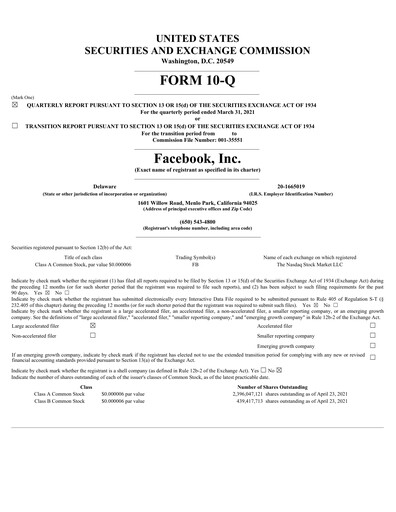 Thumbnail Meta Platforms (Facebook) Quarterly Report 2021-q1