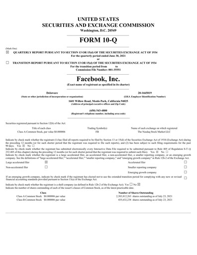 Thumbnail Meta Platforms (Facebook) Quarterly Report 2021-q2