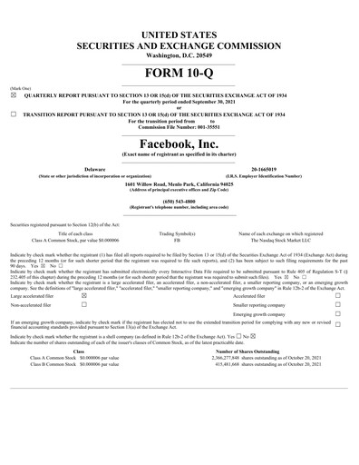Thumbnail Meta Platforms (Facebook) Quarterly Report 2021-q3