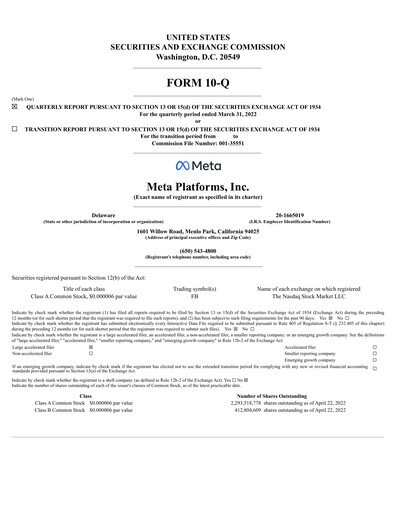 Thumbnail Meta Platforms (Facebook) Quarterly Report 2022-q1