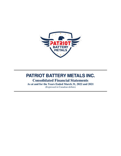 Thumbnail Patriot Battery Metals Financial Statement fy2022