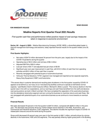 Thumbnail Modine Manufacturing
 Quarterly Report 2020-q1