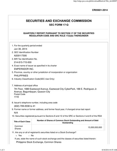 Thumbnail Emperador Brandy Quarterly Report 2014-q2