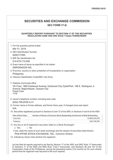 Thumbnail Emperador Brandy Quarterly Report 2019-q1