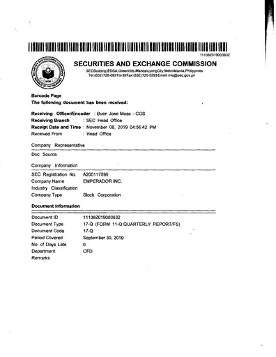 Thumbnail Emperador Brandy Quarterly Report 2019-q3