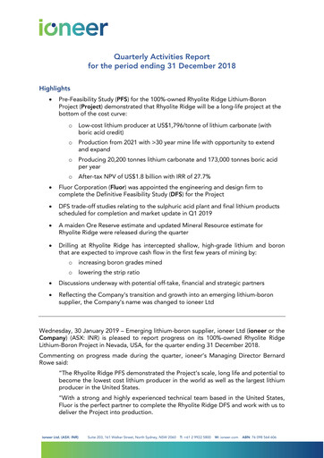 Thumbnail Ioneer Quarterly Report 2018-q4