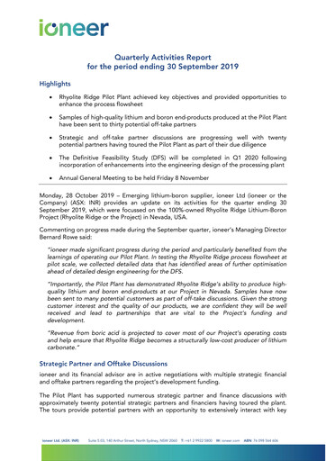 Thumbnail Ioneer Quarterly Report 2019-q3