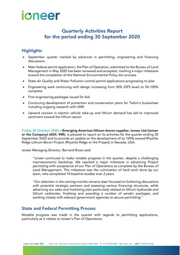 Thumbnail Ioneer Quarterly Report 2020-q3