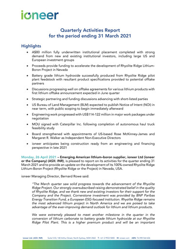 Thumbnail Ioneer Quarterly Report 2021-q1