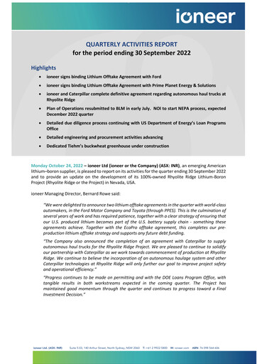 Thumbnail Ioneer Quarterly Report 2022-q3