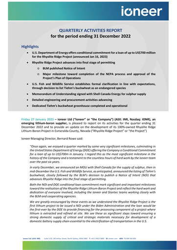 Thumbnail Ioneer Quarterly Report 2022-q4