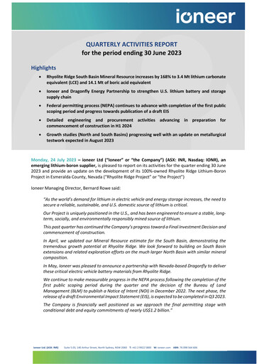 Thumbnail Ioneer Quarterly Report 2023-q2