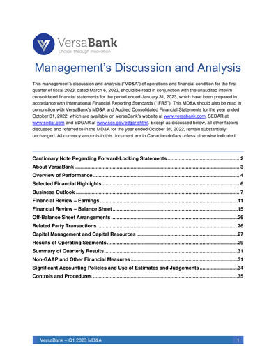 Vorschaubild VersaBank Quartalsbericht 2023-q1