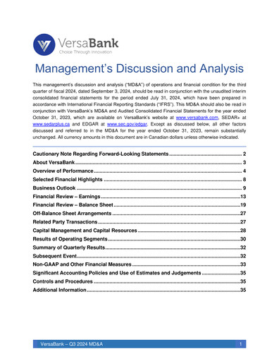 Vorschaubild VersaBank Quartalsbericht 2024-q3