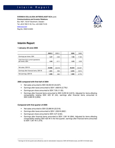 Vorschaubild Svenska Cellulosa Aktiebolaget (SCA) Halbjahresbericht 2005-h1