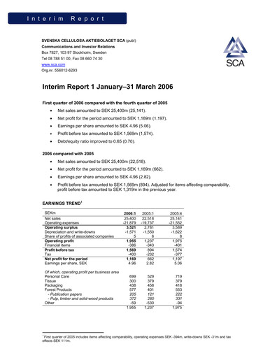 Vorschaubild Svenska Cellulosa Aktiebolaget (SCA) Quartalsbericht 2006-q1