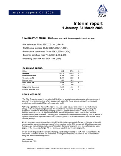 Vorschaubild Svenska Cellulosa Aktiebolaget (SCA) Quartalsbericht 2008-q1