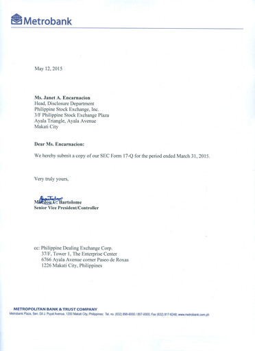 Thumbnail Metropolitan Bank (Metrobank) Quarterly Report 2015-q1