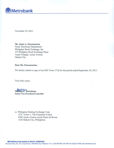 Thumbnail Metropolitan Bank (Metrobank) Quarterly Report 2015-q3