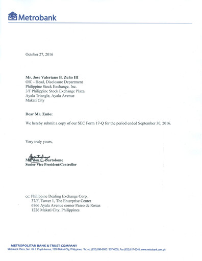 Thumbnail Metropolitan Bank (Metrobank) Quarterly Report 2016-q3