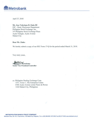 Thumbnail Metropolitan Bank (Metrobank) Quarterly Report 2018-q1