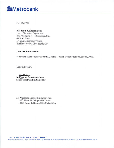 Thumbnail Metropolitan Bank (Metrobank) Quarterly Report 2020-q2